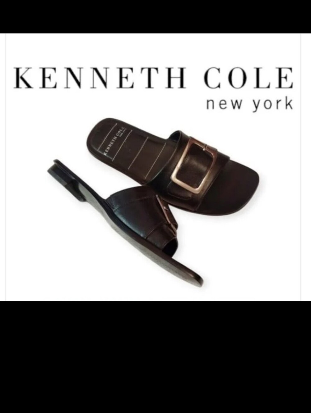 Kenneth Cole New York Flat Sandals Mules Black Leather Silver Buckle NEW